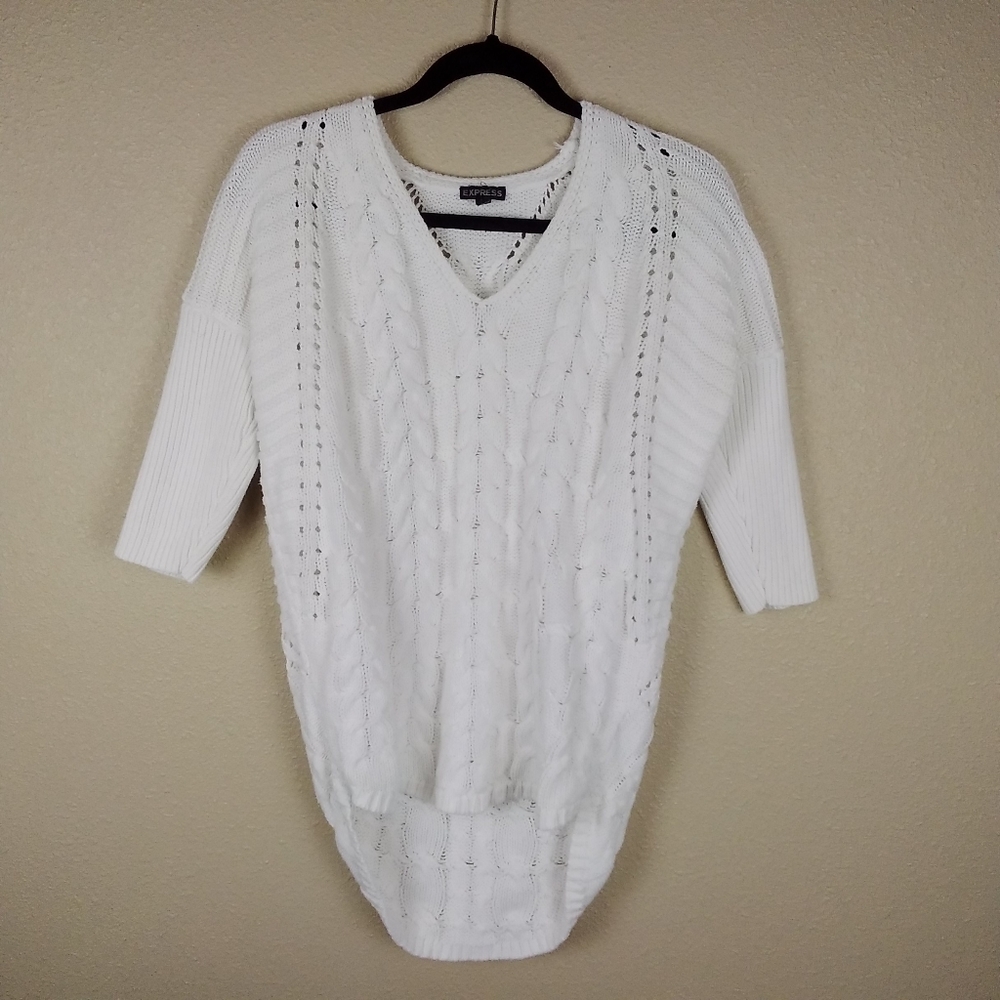 White Express V-Neck Cable Knit Sweater Size S